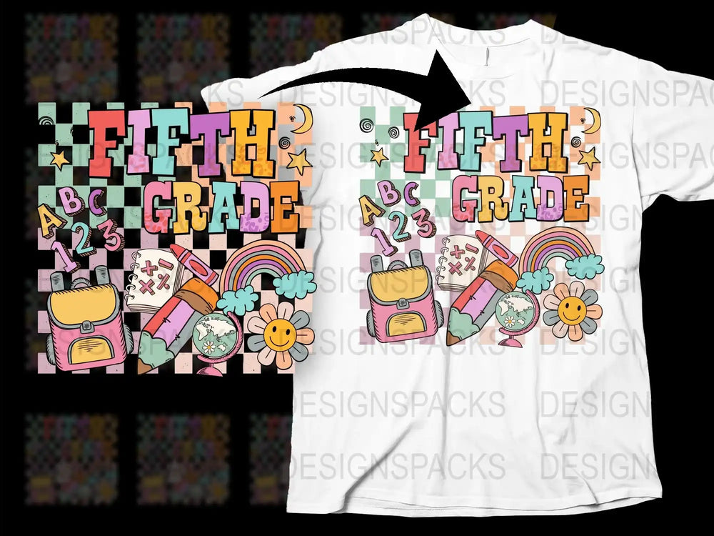 Fifth Grade T-Shirt Fun School Supplies Graphic Colorful Kids Fashion Back To School Unisex Tee