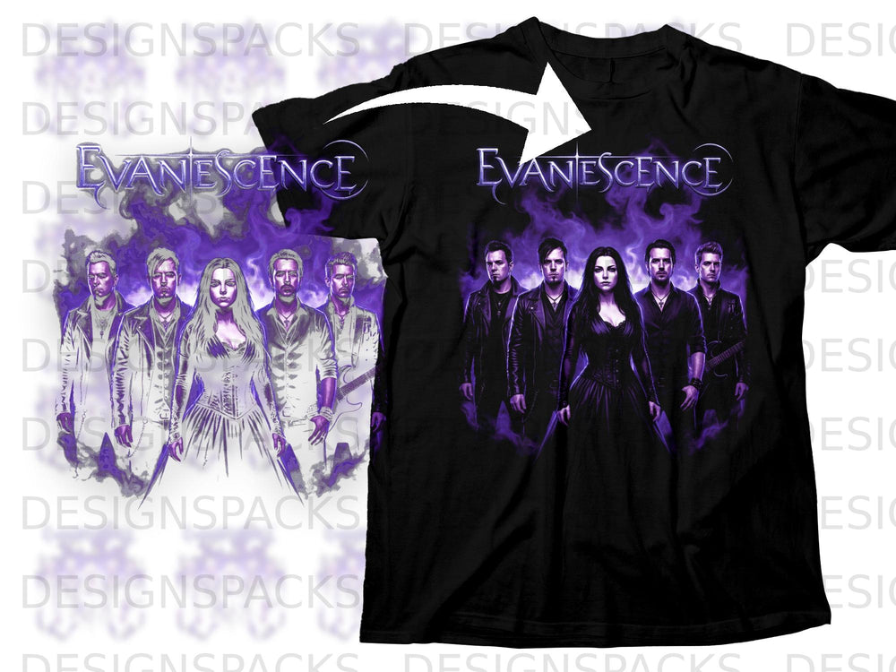 Evanescence band members in purple smoke on a black t-shirt.