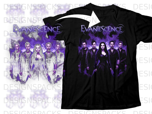 Evanescence band members in purple smoke on a black t-shirt.