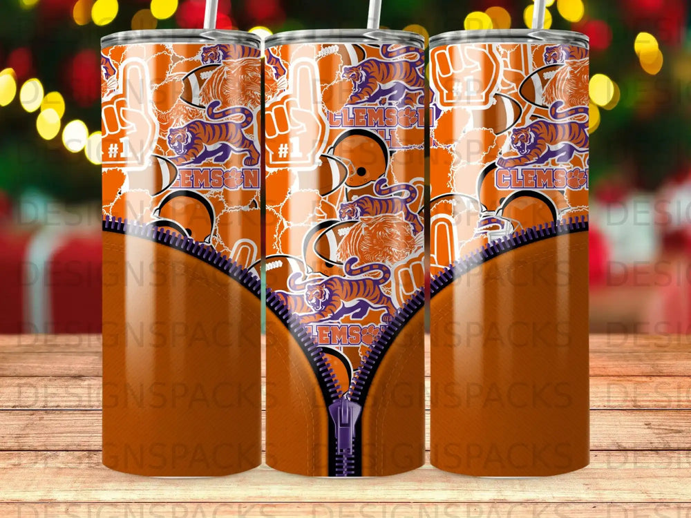 Clemson Tigers football helmet and tiger logo tumbler with orange zipper.