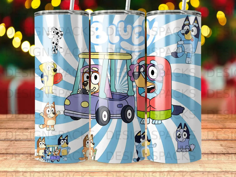 Bluey and Bingo characters on a purple car and tropical background.
