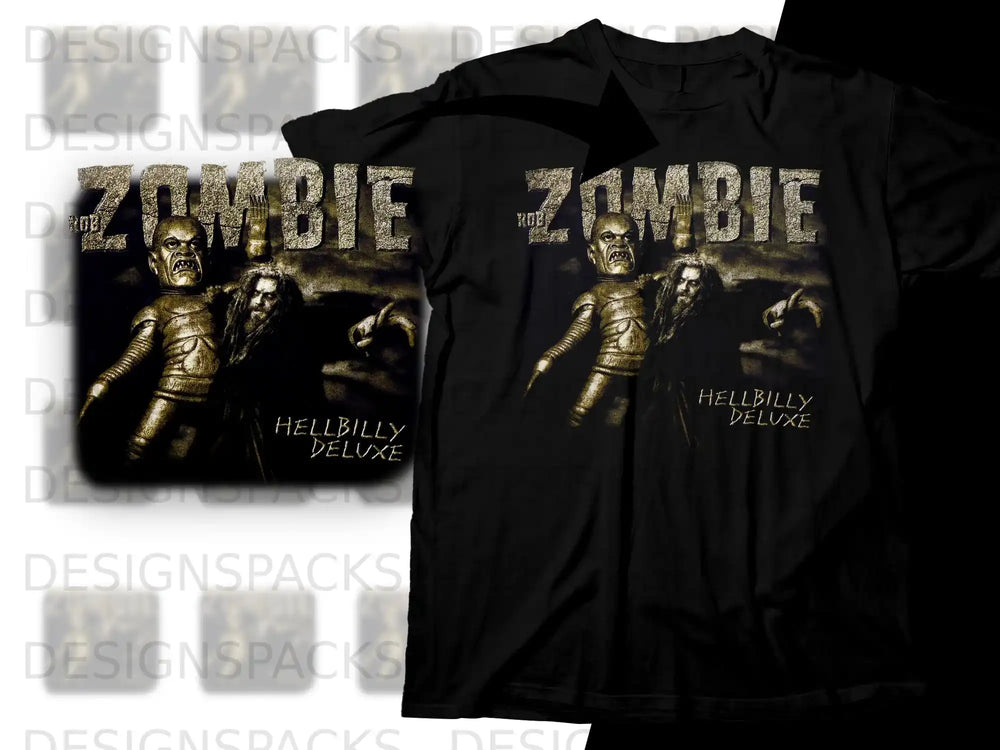 Black t-shirt with "Rob Zombie Hellbilly Deluxe" graphic in gold and dark tones.