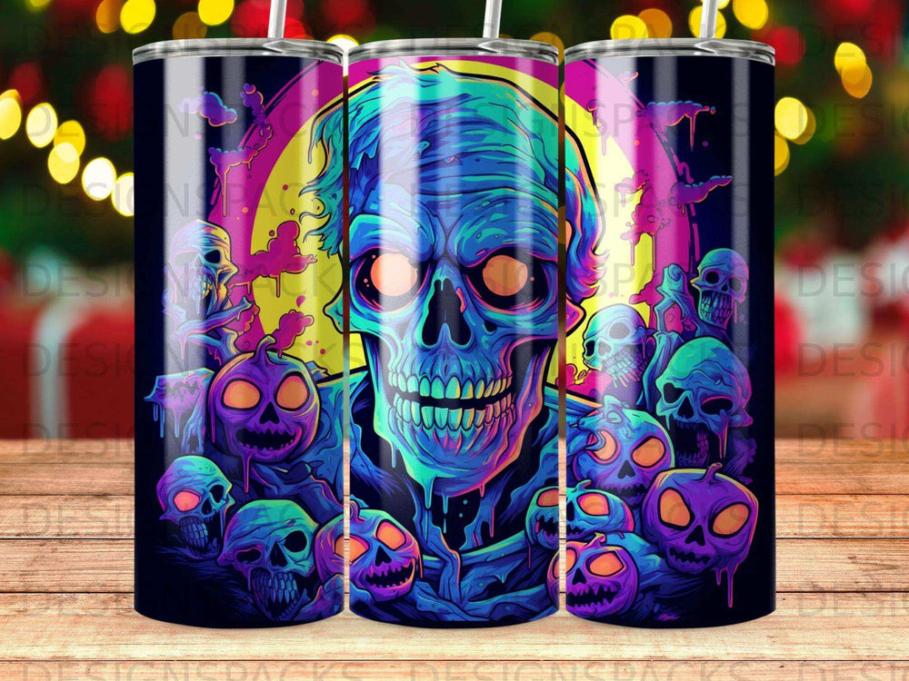 Vibrant, stylized skull surrounded by glowing jack-o'-lanterns in dark, colorful scene.