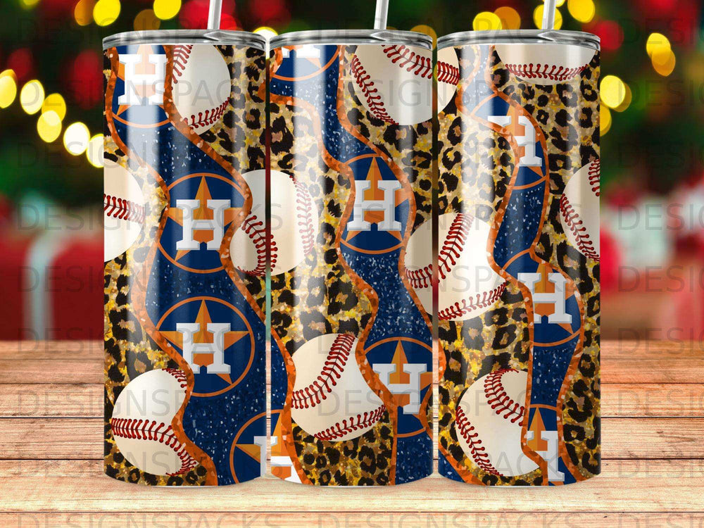 Houston Astros logo baseball and leopard print tumbler.