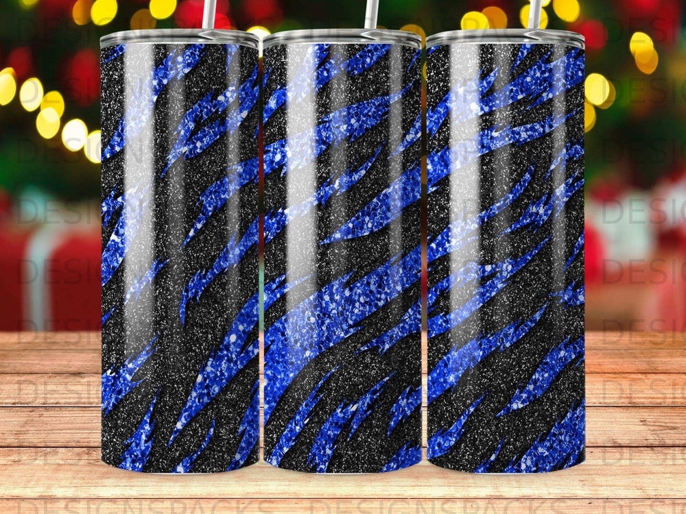 Blue and black tiger stripe glitter pattern on a tumbler.