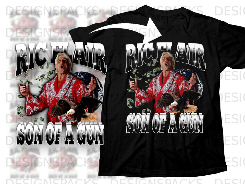 Black t-shirt with Ric Flair wearing a red robe, holding money, and an eagle.