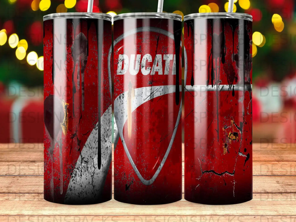 Ducati logo on a distressed red and white metal tumbler.