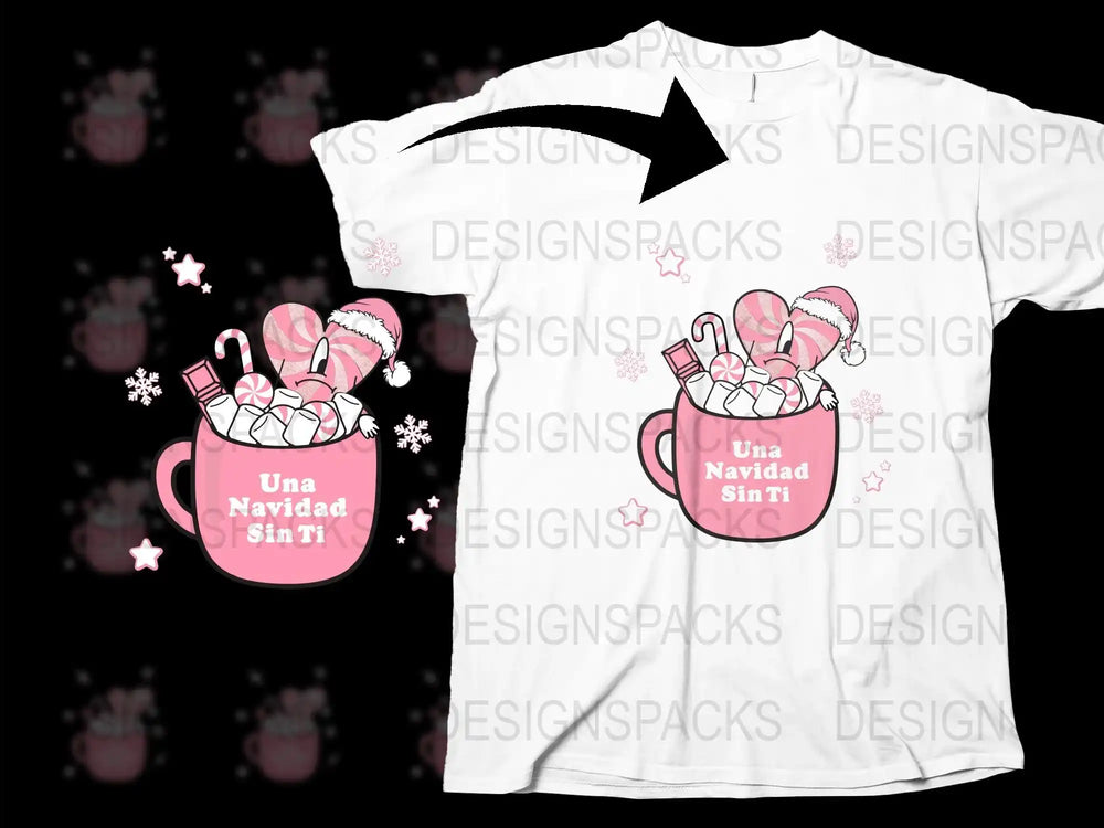 Festive Holiday T-Shirt with Hot Chocolate Mug, Pink Christmas Tee, Cozy Winter Wear, Unique Gift Idea, Spanish Text Design