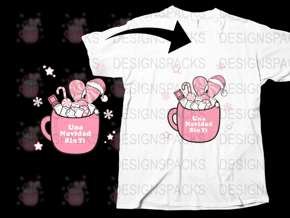 Festive Holiday T-Shirt with Hot Chocolate Mug, Pink Christmas Tee, Cozy Winter Wear, Unique Gift Idea, Spanish Text Design
