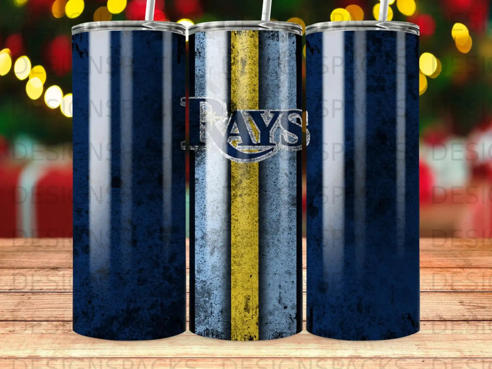 Tampa Bay Rays logo on a distressed blue and yellow striped tumbler.