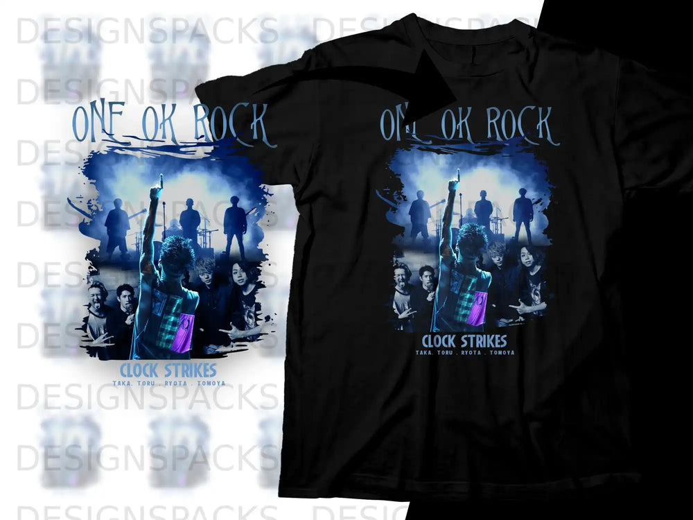 Black t-shirt with ONE OK ROCK band logo and "Clock Strikes" text.