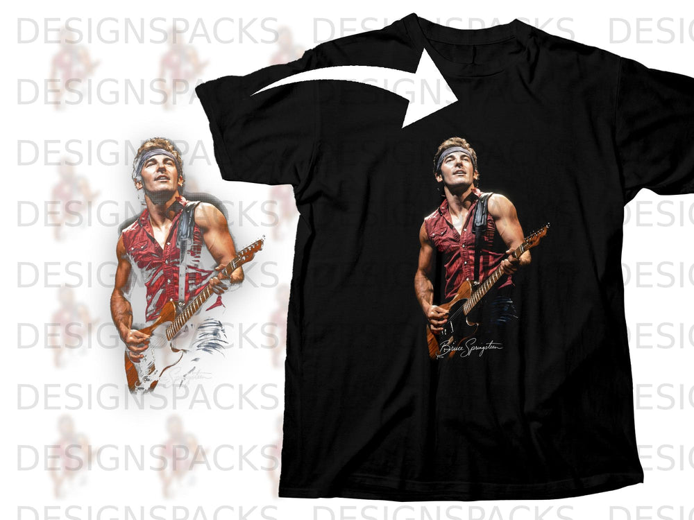 Black t-shirt featuring Bruce Springsteen playing guitar with his signature.