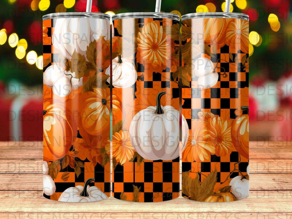 Orange and black checkered background with pumpkins, gourds, and autumn leaves.