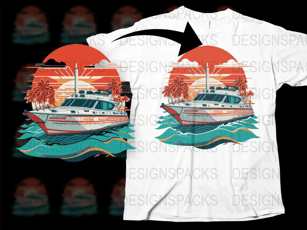 Tropical Boat and Palm Tree Graphic T-Shirt, Retro Sunset Design, Nautical Summer Fashion Tee