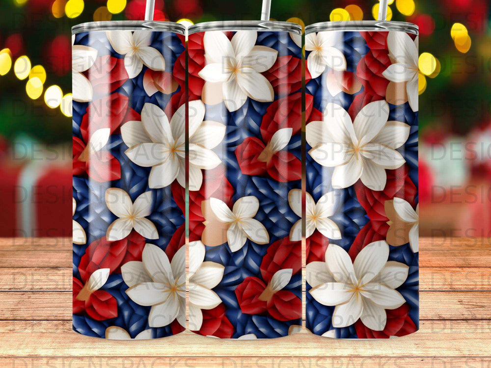 Red, white, and blue floral pattern tumbler with white flowers and red petals.