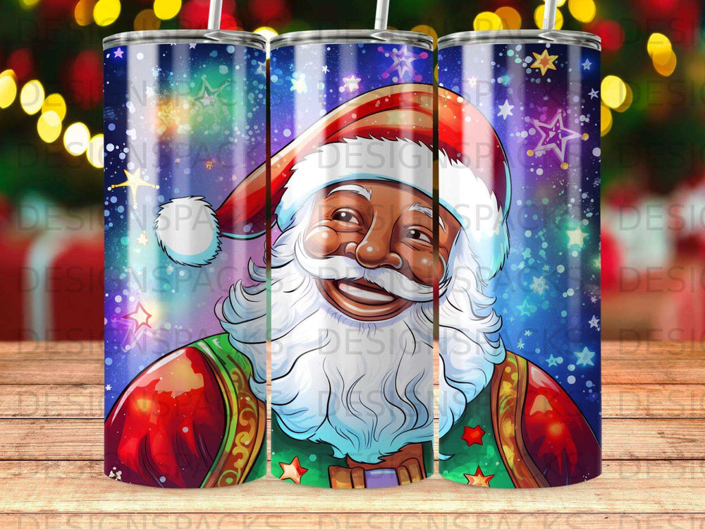 Santa Claus smiling with a starry, bokeh background.