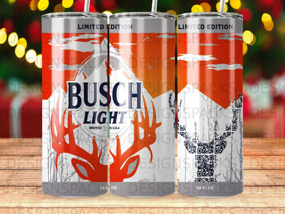 Busch Light limited edition tumbler with deer silhouette and mountains.