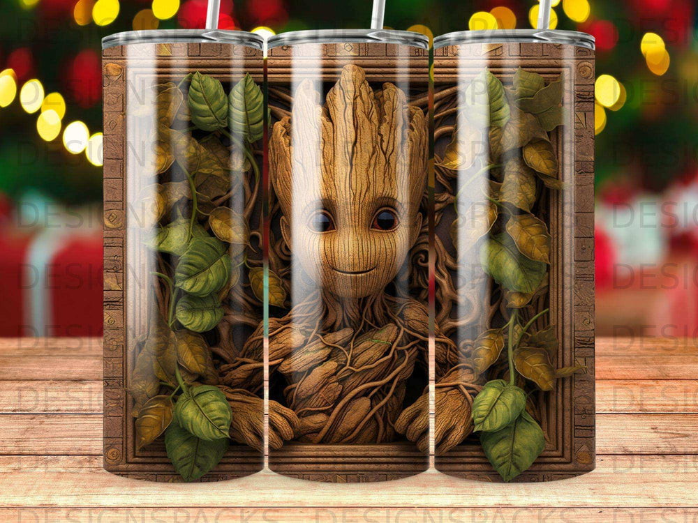 Groot surrounded by vines in a wooden frame, on a tumbler.