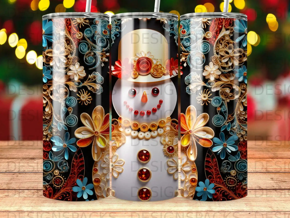 Festive snowman tumbler with floral and swirling ornate designs.