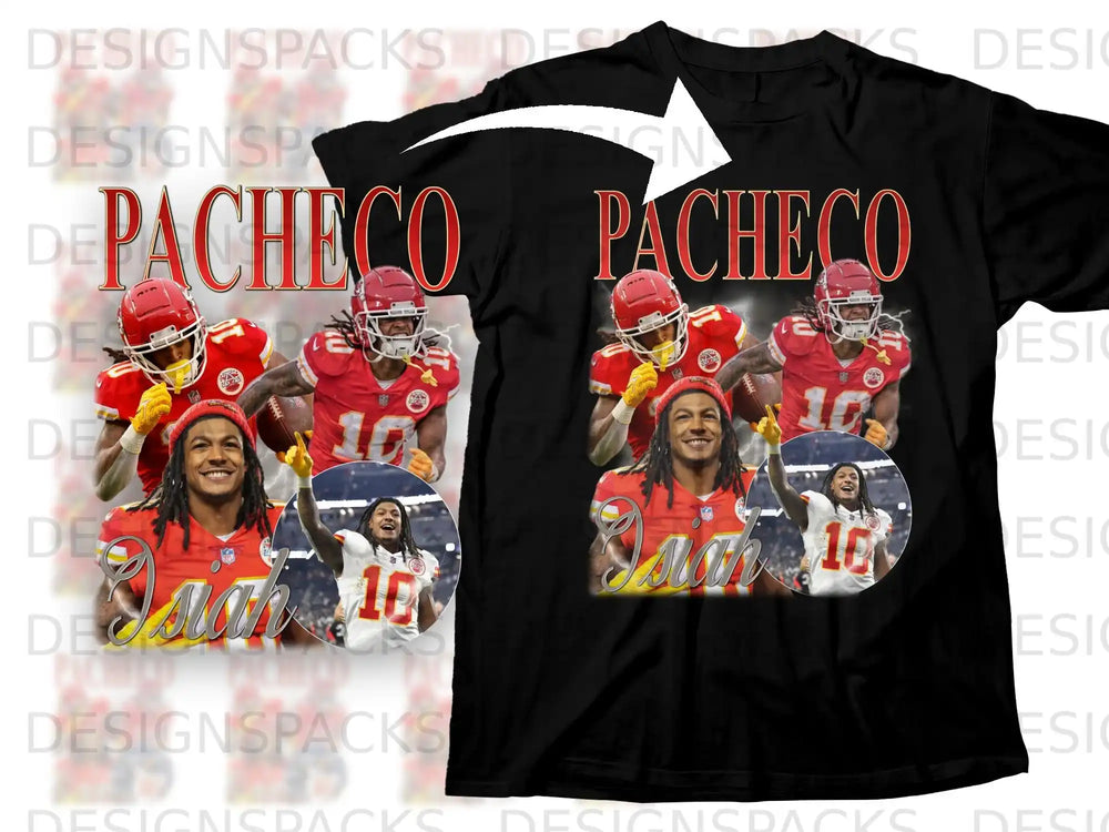 Black t-shirt mockup featuring Juan Pacheco with "PACHECO" text.