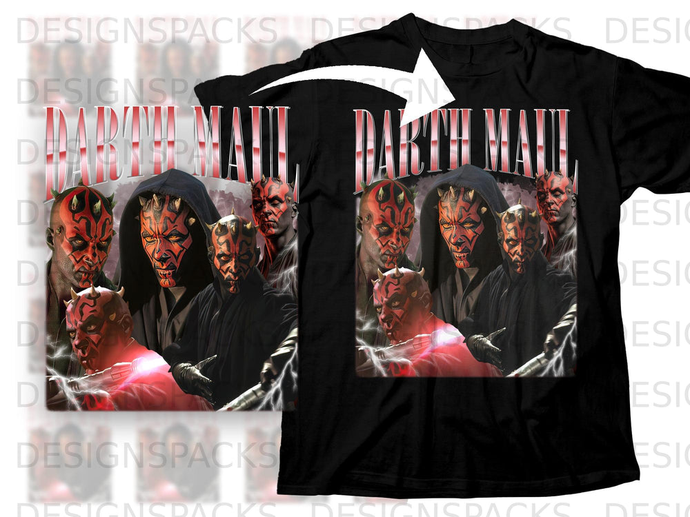 Black t-shirt with Darth Maul graphic and red lettering.