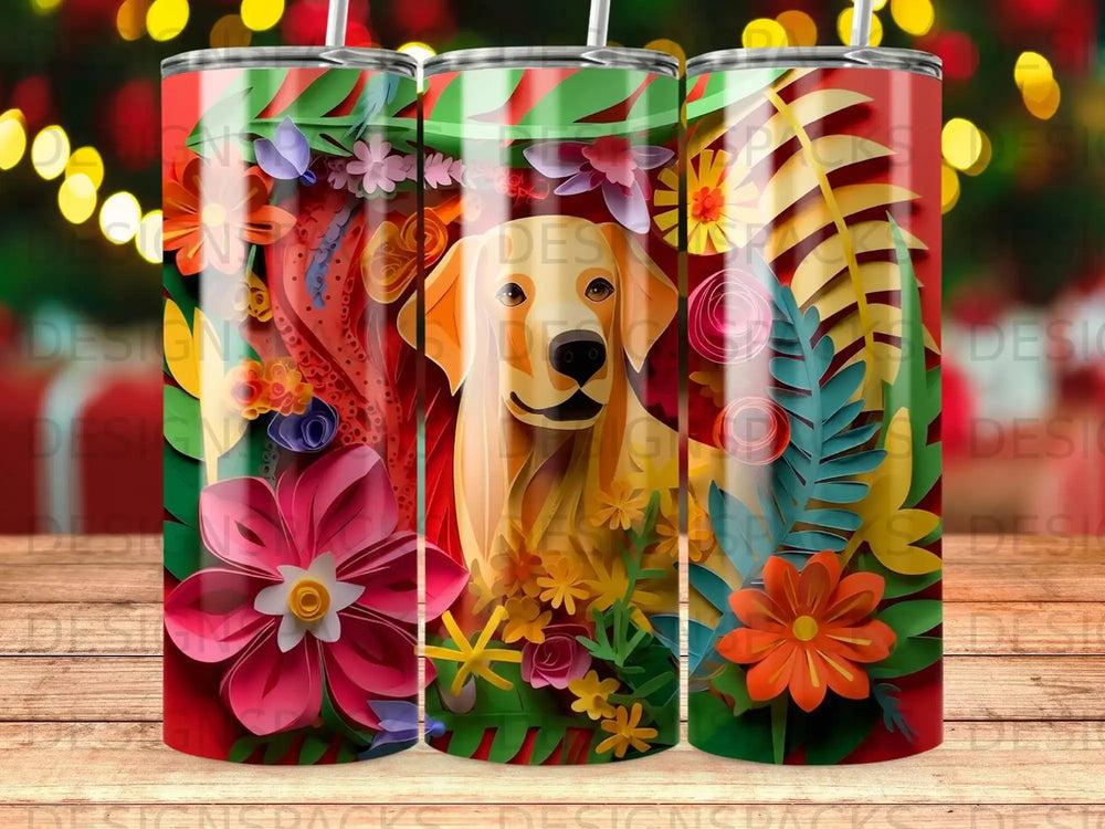 Golden retriever surrounded by colorful paper flowers and leaves.