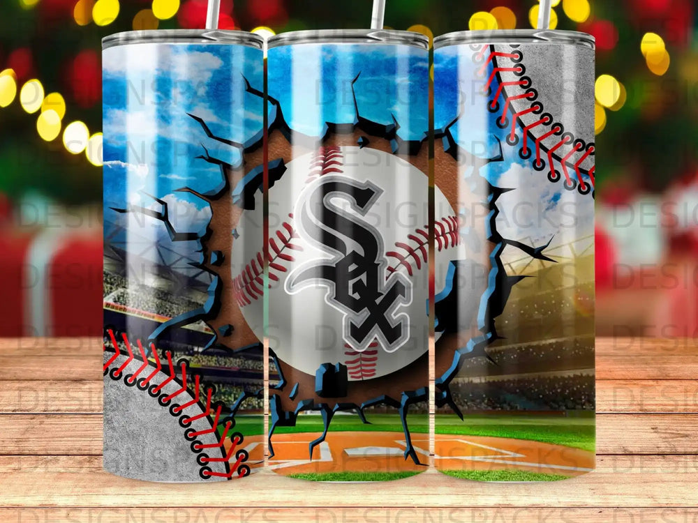 Chicago White Sox baseball logo on cracked concrete and stadium background.