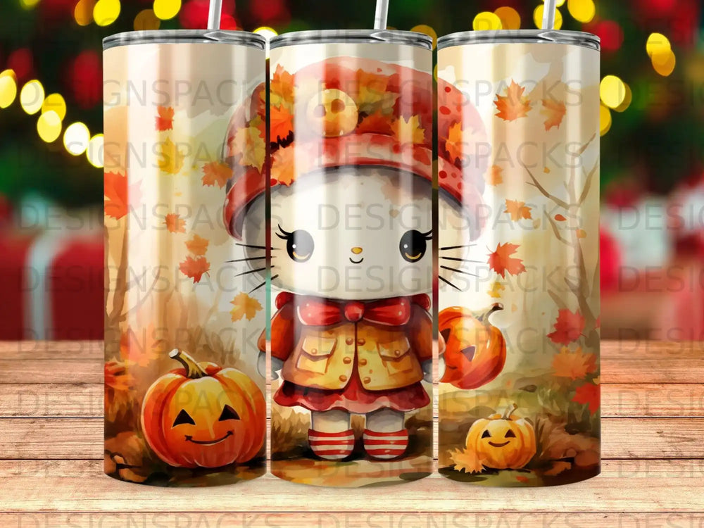 Cute cat in autumn coat holding pumpkin with fall leaves and pumpkins.