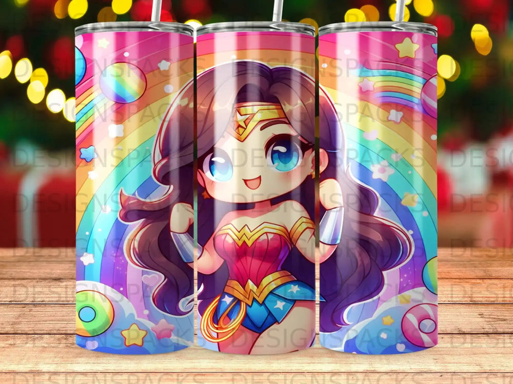 Wonder Woman in chibi style with rainbow background and stars.