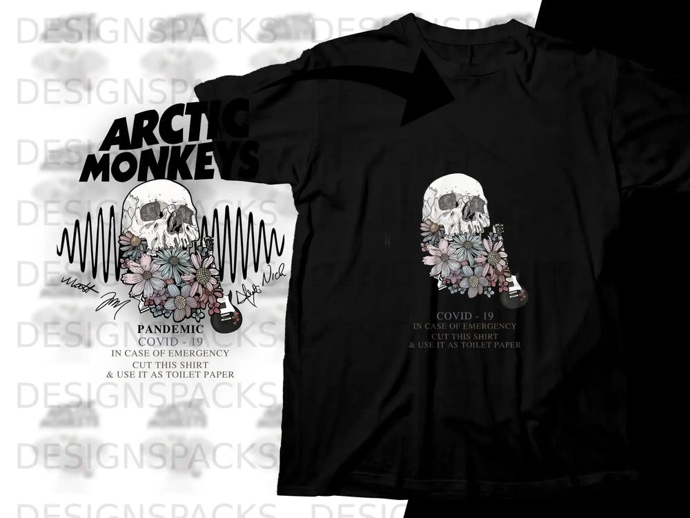 Arctic Monkeys skull and flowers graphic t-shirt with COVID-19 message.