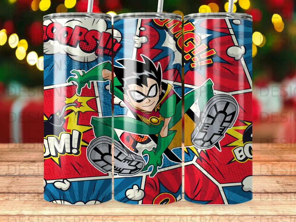 Robin mid-jump in a comic book panel with "POW!" and "ZAP!" sound effects.