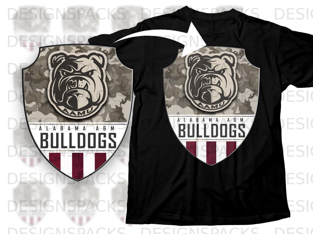 Alabama A&M Bulldogs shield logo with camouflage background on a black t-shirt.