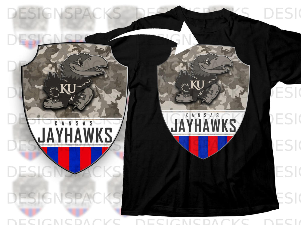 Black t-shirt featuring a shield with a KU Jayhawks mascot, "KU" text, and "Kansas Jayhawks" text.