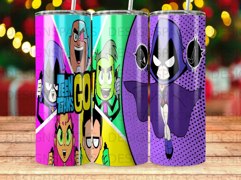 Teen Titans characters on three stainless steel tumblers.