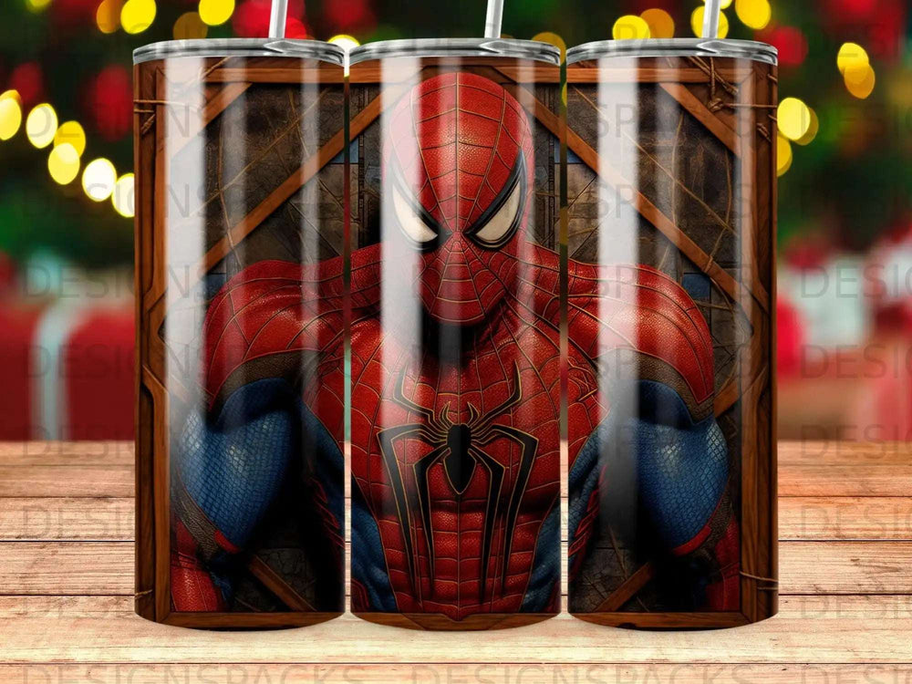 Spider-Man's chest and shoulders with a wooden texture background.