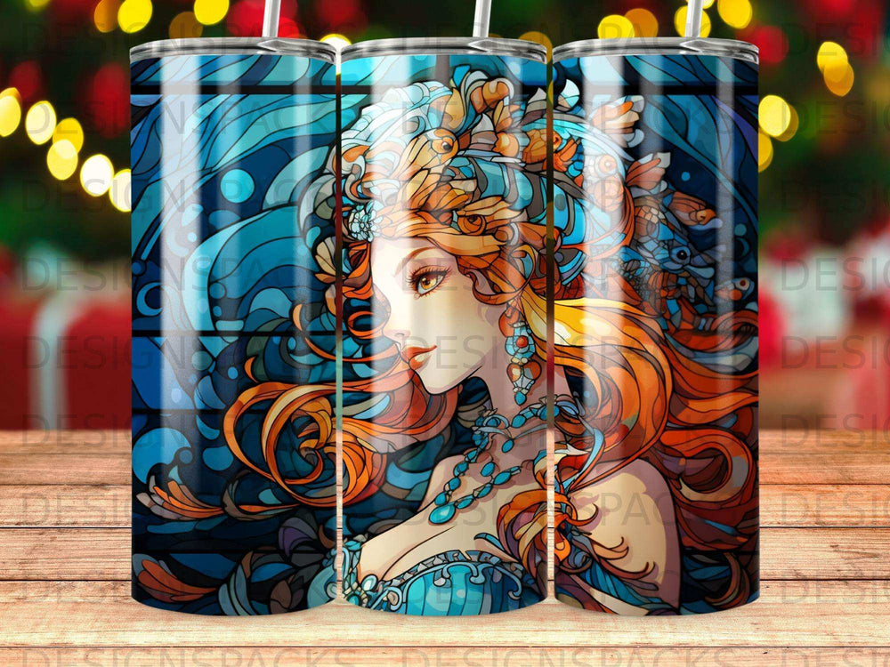 Artistic tumbler with mermaid-like woman in blue and orange hues.