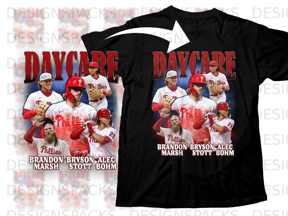 Phillies Daycare graphic t-shirt with Brandon Marsh, Bryson Stott, and Alec Bohm.