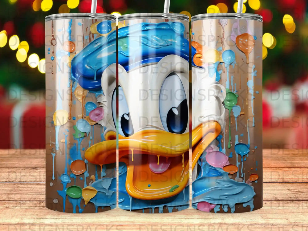 Donald Duck's face splattered with colorful paint on a wooden background.