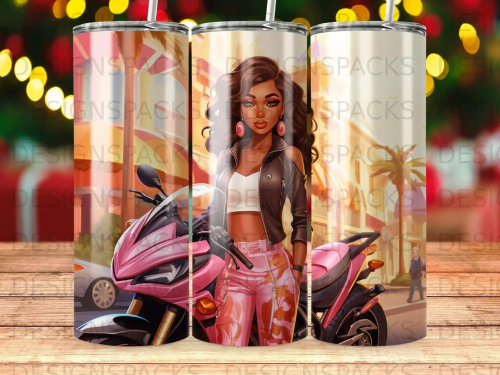 Woman in leather jacket and patterned pants leaning on pink motorcycle.