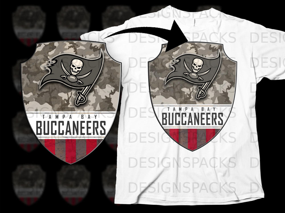 Tampa Bay Buccaneers logo with skull, swords, and football on camouflage background.