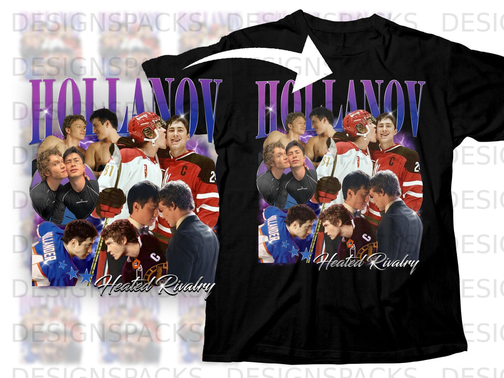 Black t-shirt with "HOLLANOV" title and collage of hockey players.