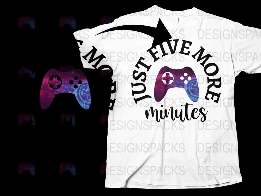 Gamer T-Shirt 'Just Five More Minutes' Video Game Controller Graphic Tee, Unisex White Shirt