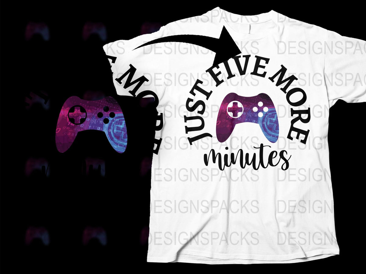 Gamer T-Shirt 'Just Five More Minutes' Video Game Controller Graphic Tee, Unisex White Shirt