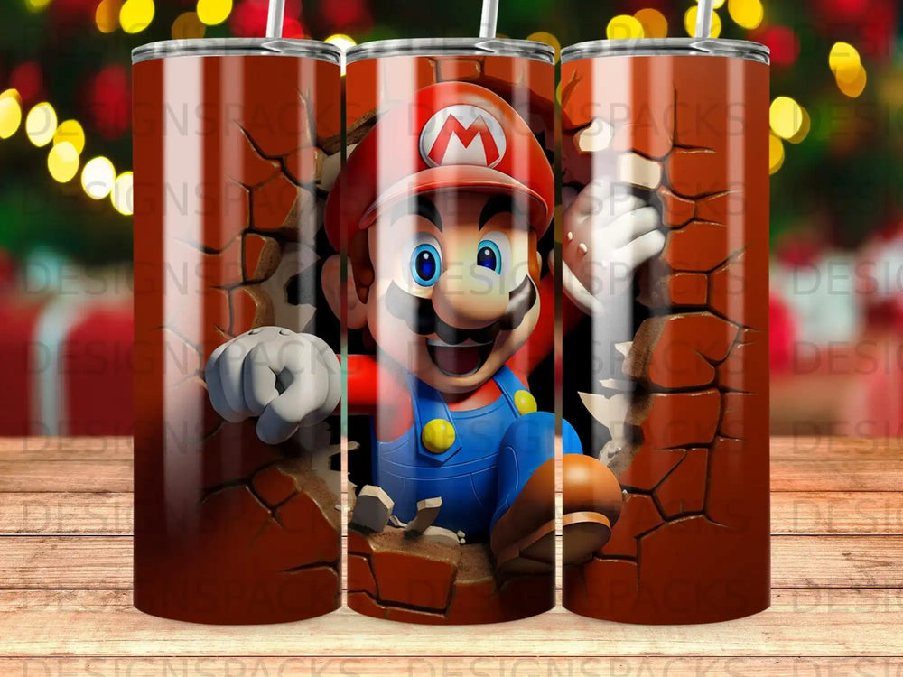 Mario breaking through a cracked wall on a cylindrical tumbler.