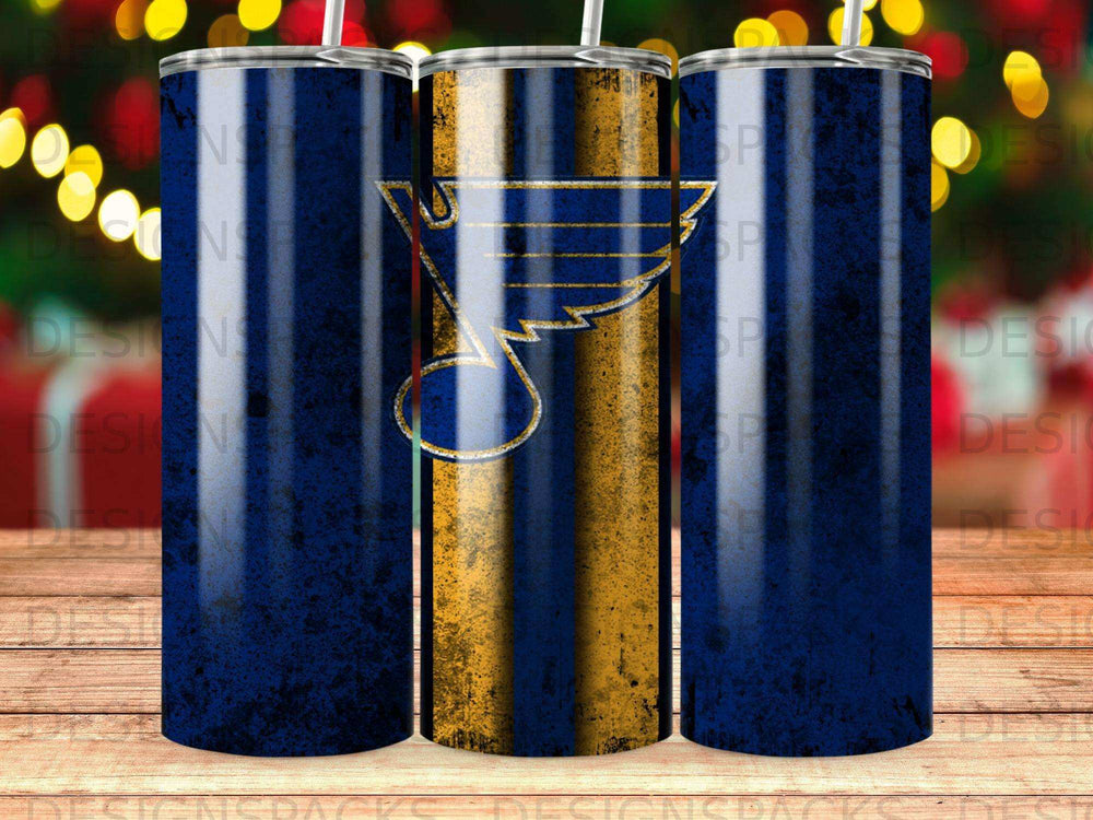 Blue and gold striped tumbler with St. Louis Blues logo.