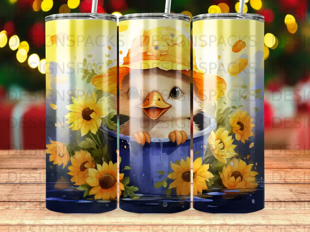 Cartoon chick in blue bucket surrounded by sunflowers and water.