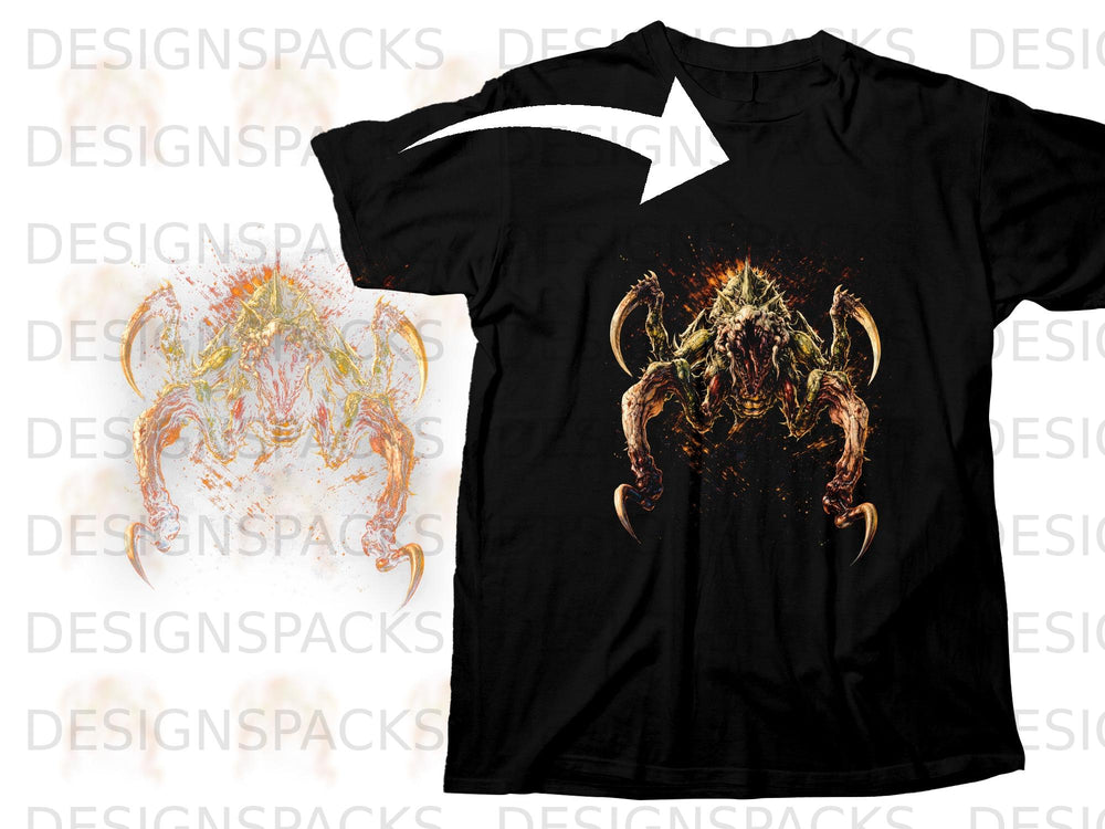 Black t-shirt with a fierce, detailed insectoid creature graphic.
