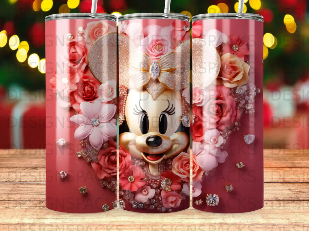 Minnie Mouse with bow and floral accents on a pink ombre tumbler.
