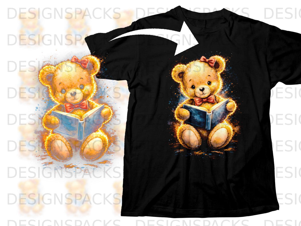 Teddy bear wearing a bow tie and hair bow, reading a book on a black t-shirt.