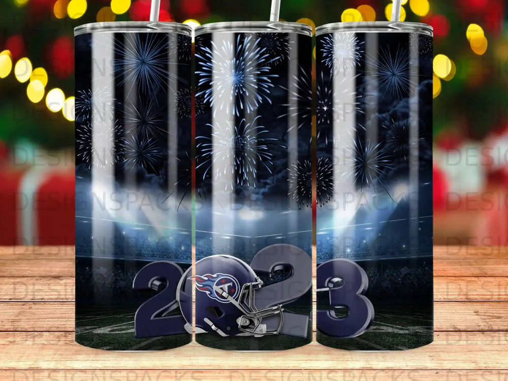 Tennessee Titans helmet and "2023" with fireworks over stadium crowd.